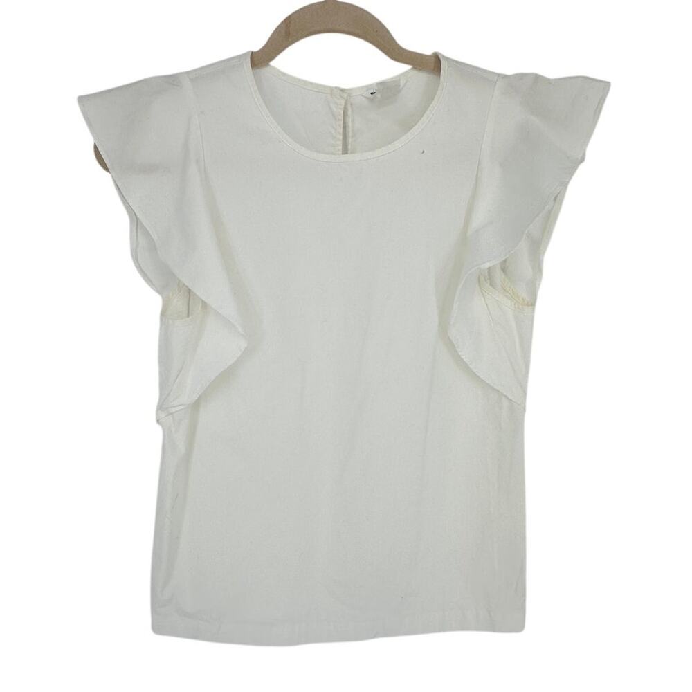 Club Monaco Ruffle Cap‎ Sleeve Blouse White Side Slit Crew Neck Minimalist Small